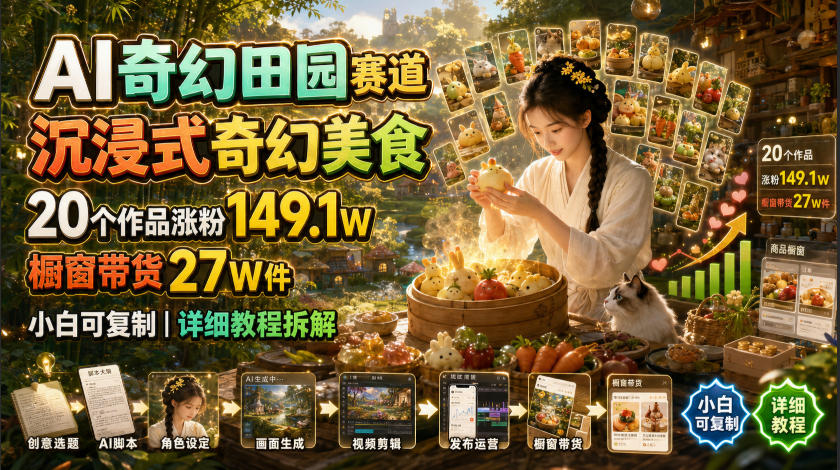 AI奇幻田园赛道，沉浸式奇幻美食，20个作品涨粉149.1W，橱窗带货27W件，小白可复制，详细教程拆解-百川聊项目