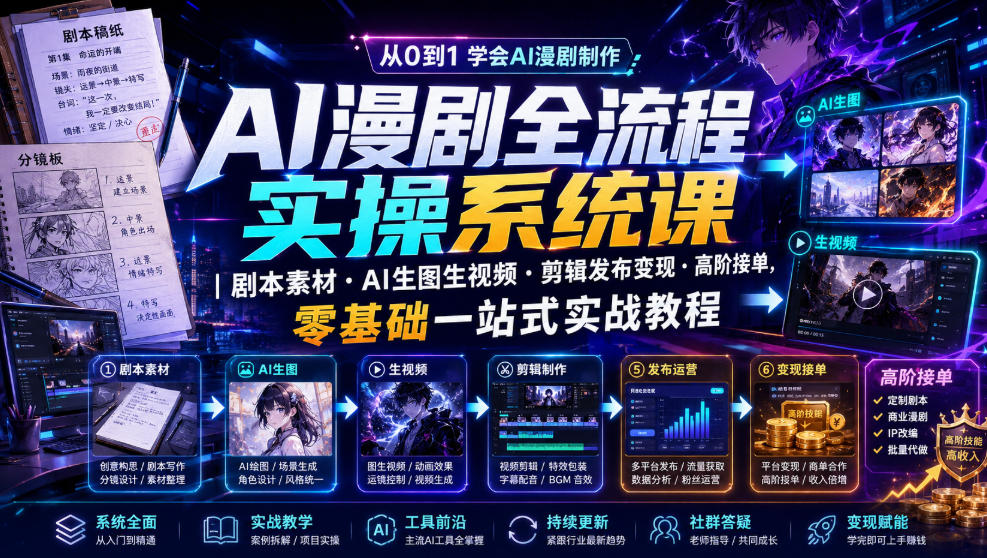 AI漫剧全流程实操系统课｜剧本素材・AI生图生视频・剪辑发布变现・高阶接单，零基础一站式实战教程-百川聊项目