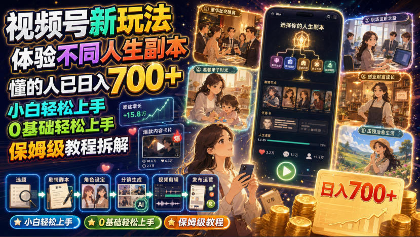 视频号新玩法体验不同人生副本，懂的人已日入700+，小白轻松上手，0基础轻松上手，保姆级教程拆解-百川聊项目