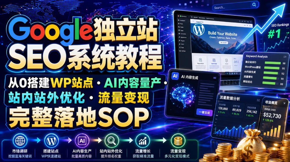 Google独立站SEO系统教程，从0搭建WP站点・AI内容量产・站内站外优化・流量变现完整落地SOP(2026年7月)-百川聊项目