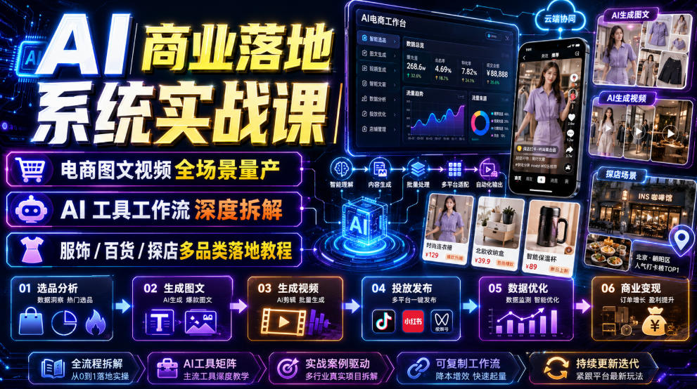 AI商业落地系统实战课｜电商图文视频全场景量产・AI工具工作流深度拆解・服饰/百货/探店多品类落地教程-百川聊项目