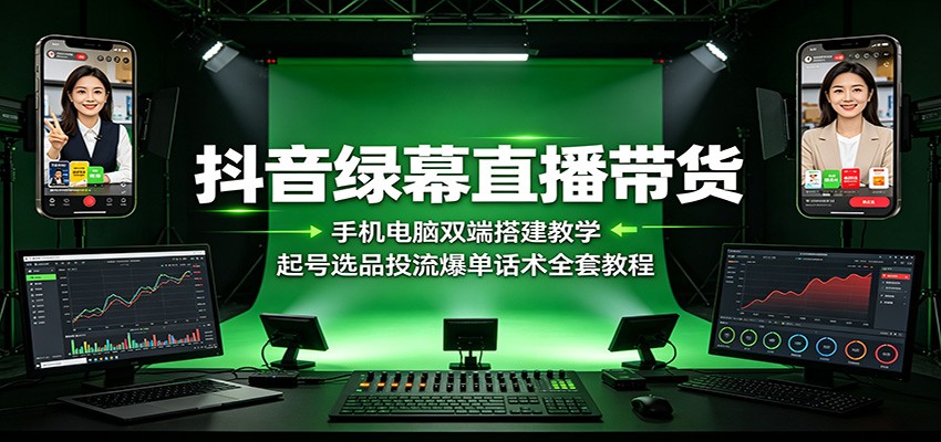 抖音绿幕直播带货：手机电脑双端搭建教学，起号选品投流爆单话术全套教程-百川聊项目
