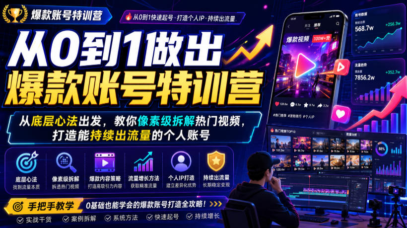 从0到1做出爆款账号特训营，从底层心法出发，教你像素级拆解热门视频，打造能持续出流量的个人账号-百川聊项目