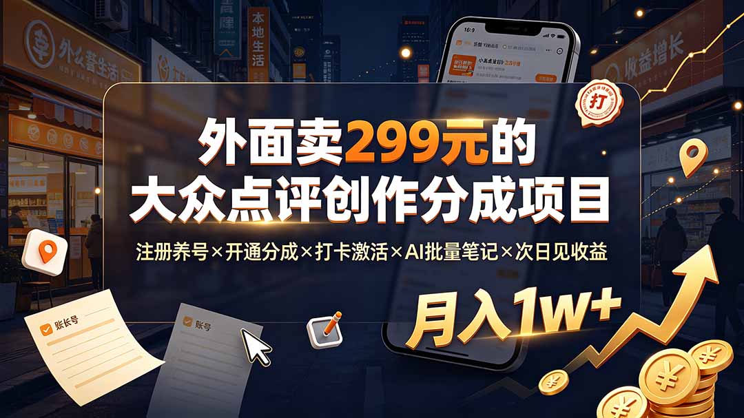 外面卖299元的大众点评创作分成项目：注册养号×开通分成×打卡激活×AI批量笔记×次日见收益，月入1w+-百川聊项目