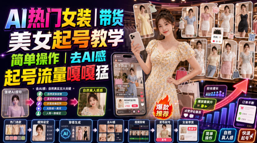 AI热门女装带货丨美女起号教学，简单操作，去AI感，起号流量嘎嘎猛-百川聊项目