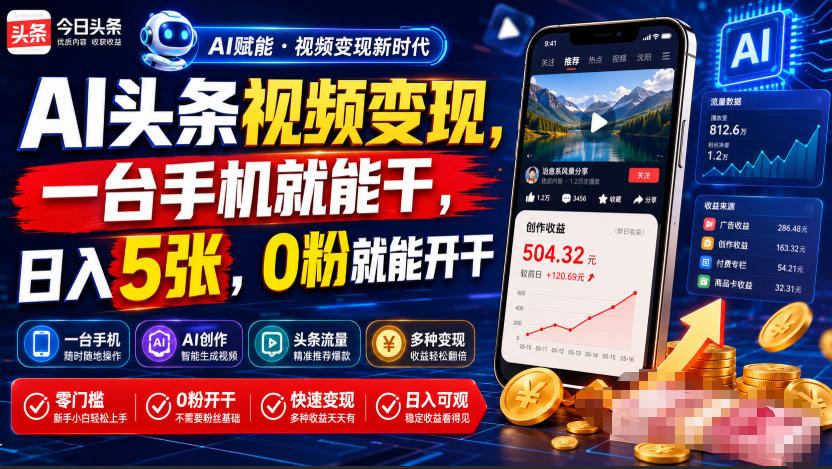 AI头条视频变现，一台手机就能干，日入5张，0粉就能开干-百川聊项目