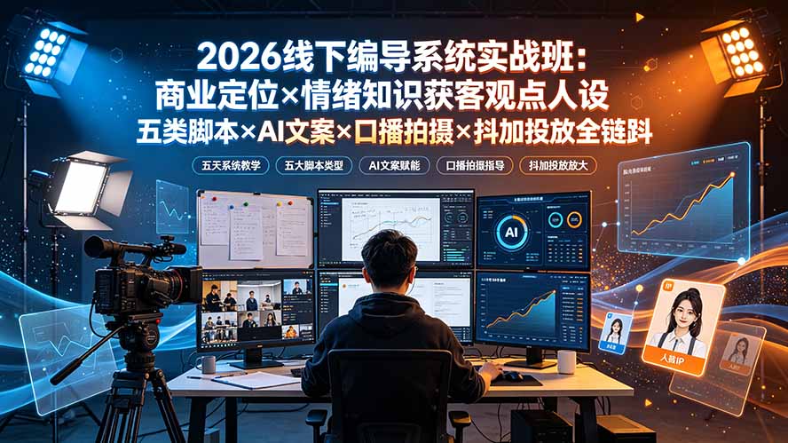 2026线下编导系统实战班：商业定位×情绪知识获客观点人设五类脚本×AI文案×口播拍摄×抖加投放全链路-百川聊项目