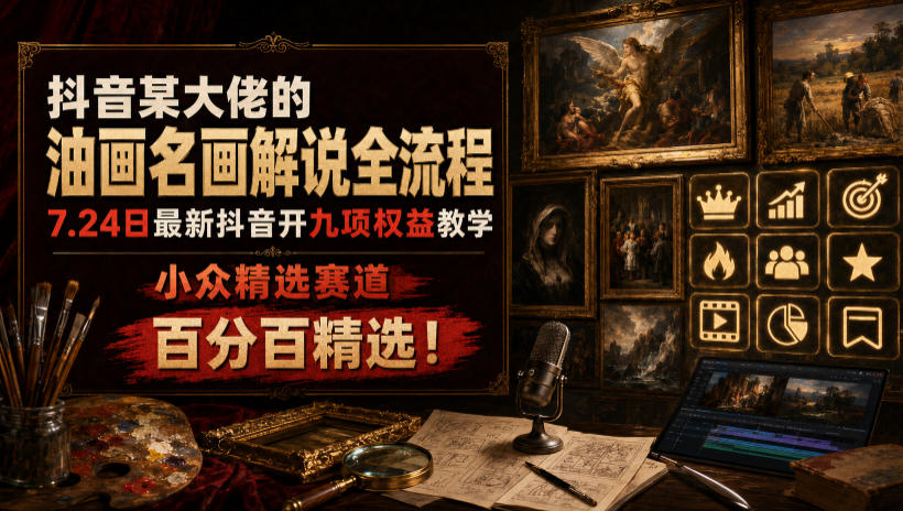 抖音某大佬的油画名画解说全流程，7.24日最新抖音开九项权益教学，小众精选赛道，百分百精选！-百川聊项目