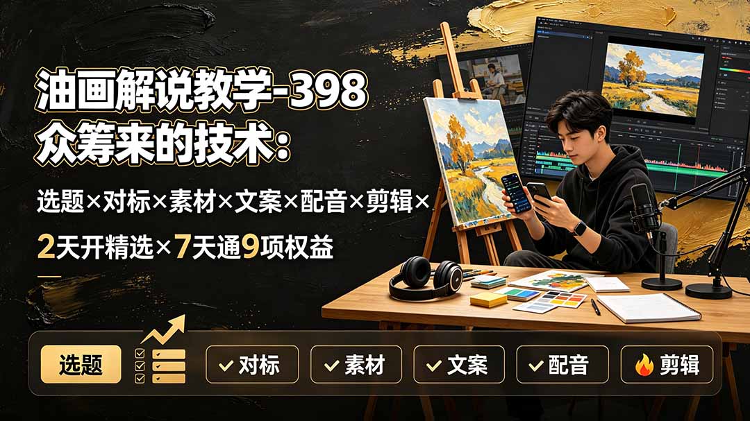 油画解说教学-398众筹来的技术：选题×对标×素材×文案×配音×剪辑×2天开精选×7天通9项权益-百川聊项目