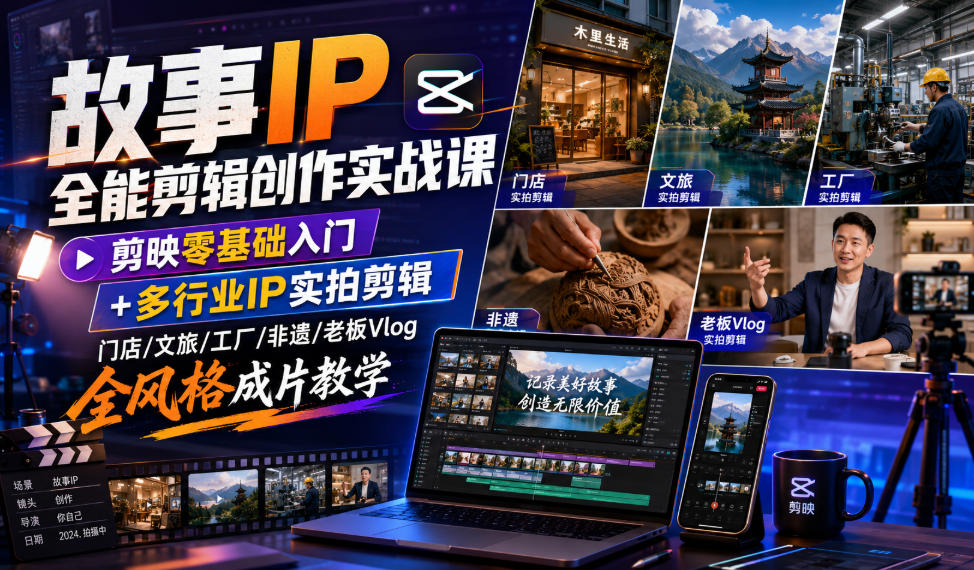 故事IP全能剪辑创作实战课｜剪映零基础入门+多行业IP实拍剪辑，门店/文旅/工厂/非遗/老板Vlog全风格成片教学-百川聊项目