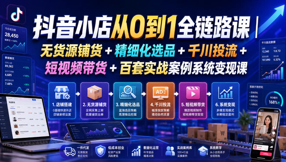 抖音小店从0到1全链路课｜无货源铺货+精细化选品+千川投流+短视频带货+百套实战案例系统变现课(2026年7月更新)-百川聊项目