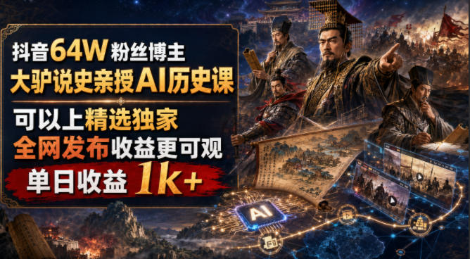 抖音64W粉丝博主大驴说史亲授AI历史课，可以上精选独家，全网发布收益更可观，单日收益1k+-百川聊项目