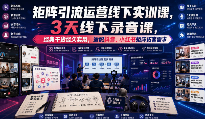 嗨推矩阵引流运营线下实训课，3天线下录音课，经典干货经久实用，适配抖音、小红书矩阵拓客需求-百川聊项目