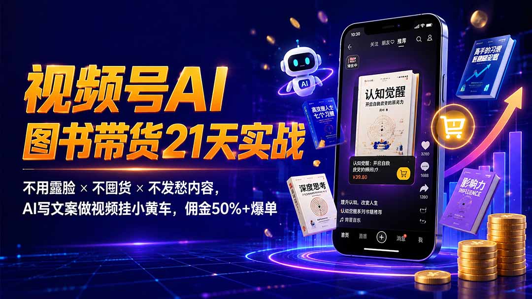 繁花视频号AI图书带货21天实战：不用露脸×不囤货×不发愁内容，AI写文案做视频挂小黄车，佣金50%+爆单-百川聊项目