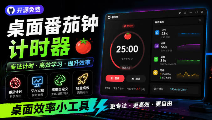 仅1.16MB，开源极简的桌面时钟、番茄钟计时器，还支持系统监控显示，桌面效率小工具Catime-百川聊项目