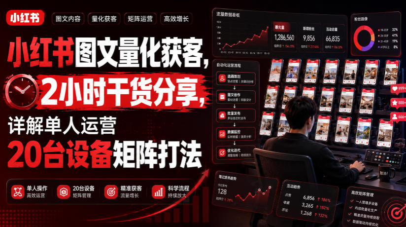 小红书图文量化获客，2小时干货分享，详解单人运营20台设备矩阵打法-百川聊项目