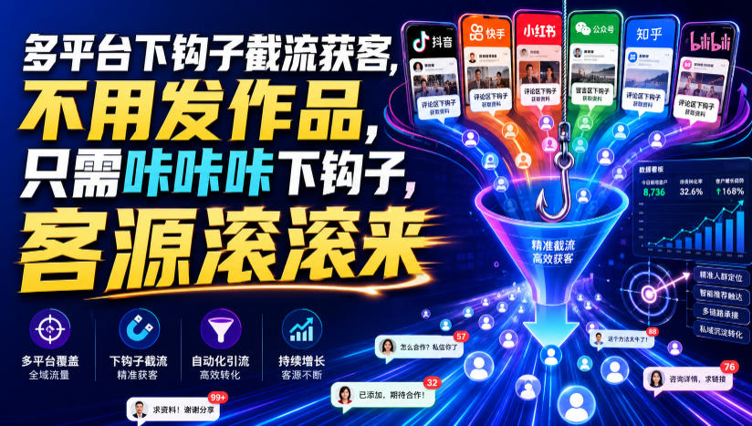 多平台下钩子截流获客，不用发作品，只需咔咔咔下钩子，客源滚滚来-百川聊项目