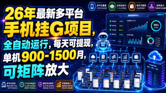26年最新多平台手机挂G项目，全自动运行，每天可提现，单机900-1500月，可矩阵放大【揭秘】-百川聊项目