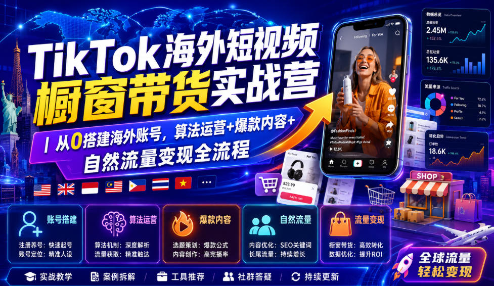 TikTok海外短视频橱窗带货实战营｜从0搭建海外账号，算法运营+爆款内容+自然流量变现全流程-百川聊项目