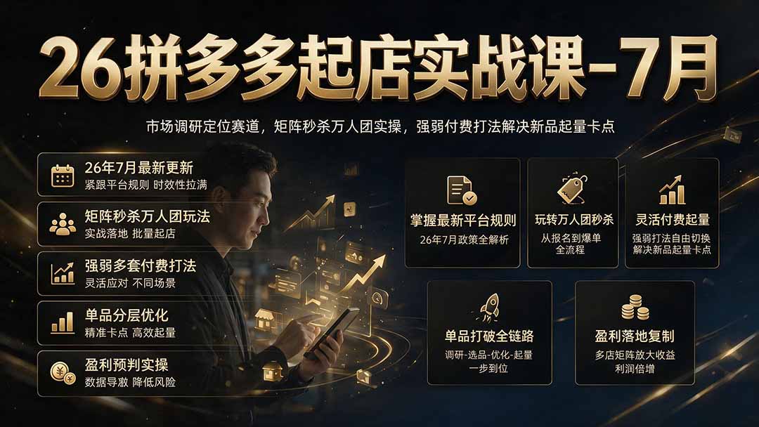 26拼多多起店实战课-7月｜市场调研定位赛道，矩阵秒杀万人团实操，强弱付费打法解决新品起量卡点-百川聊项目