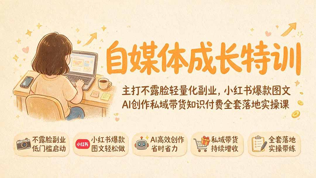 自媒体成长特训｜主打不露脸轻量化副业，小红书爆款图文AI创作私域带货知识付费全套落地实操课-百川聊项目