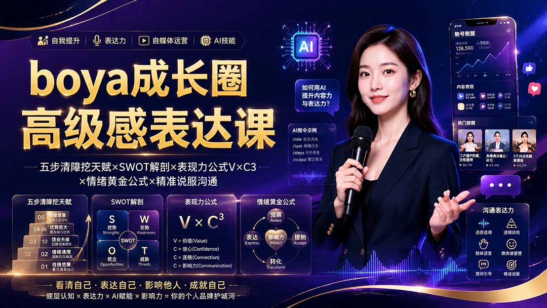 boya成长圈｜内心成长高级表达AI自媒体三合一，消解内耗挖掘天赋，镜头沟通AI指令短视频全流程教学-百川聊项目