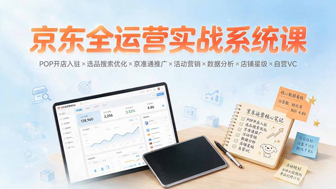 京东全运营实战系统课：POP开店入驻×选品搜索优化×京准通推广×活动营销×数据分析×店铺星级×自营VC-百川聊项目
