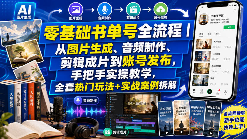 零基础书单号全流程｜从图片生成、音频制作、剪辑成片到账号发布，手把手实操教学，全套热门玩法+实战案例拆解-百川聊项目