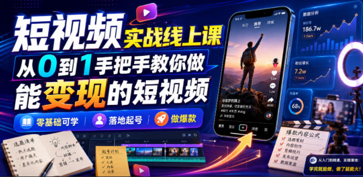 短视频实战线上课，从0到1手把手教你做能变现的短视频，零基础可学，落地起号做爆款-百川聊项目