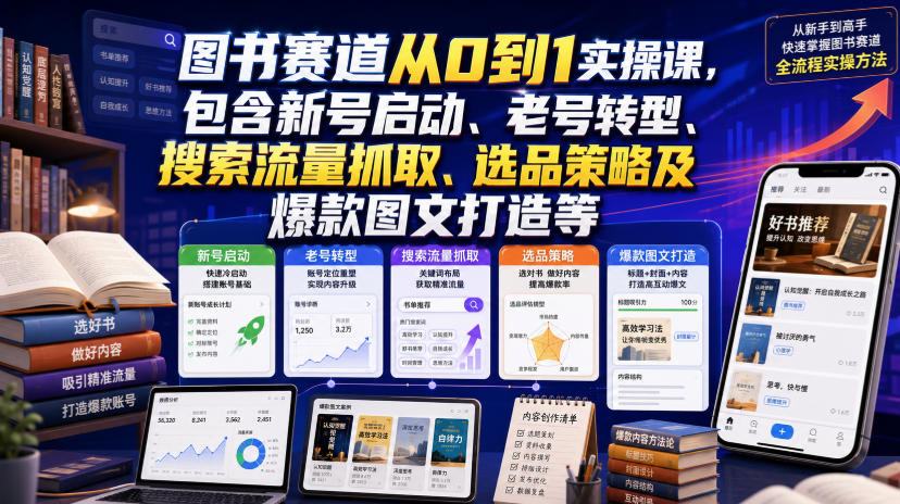 图书赛道从0到1实操课，包含新号启动、老号转型、搜索流量抓取、选品策略及爆款图文打造等-百川聊项目