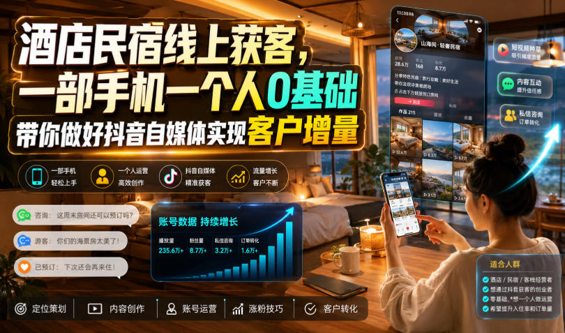 酒店民宿线上获客，一部手机一个人0基础带你做好抖音自媒体实现客户增量-百川聊项目