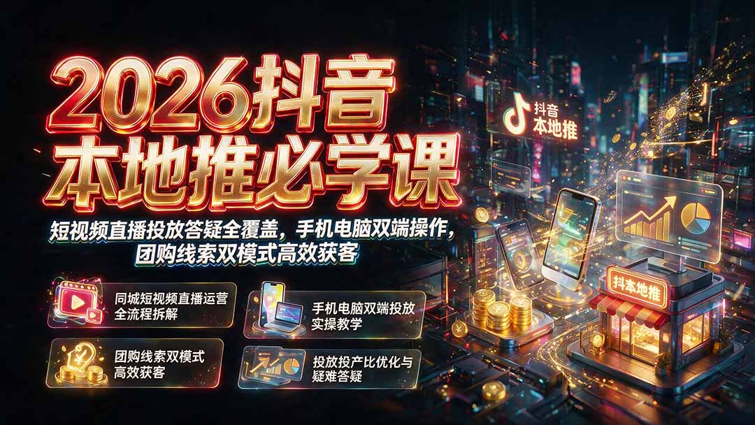 2026抖音本地推必学课｜短视频直播投放答疑全覆盖，手机电脑双端操作，团购线索双模式高效获客-百川聊项目