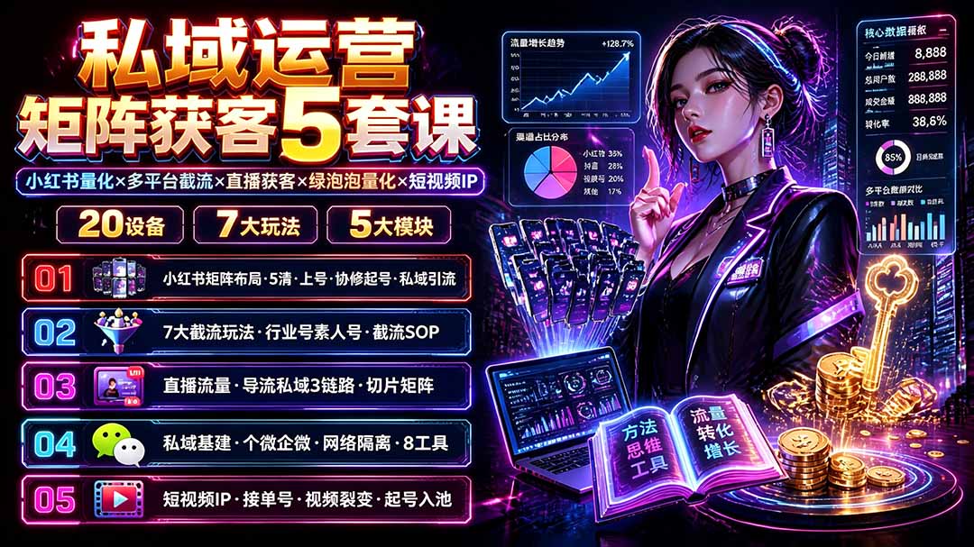 私域运营矩阵获客5套课：小红书量化×多平台截流×直播获客×绿泡泡量化×短视频IP×20设备×7大玩法-百川聊项目