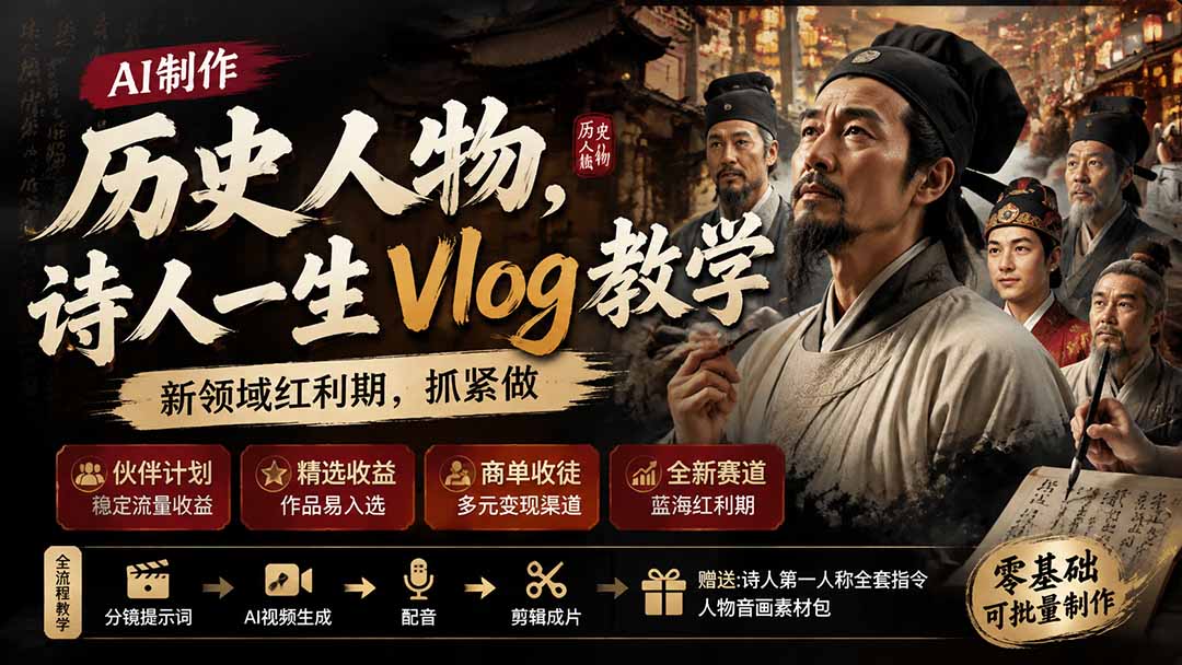 历史人物，诗人一生Vlog教学， AI制作丨伙伴计划丨精选收益丨商单收徒 ，新领域红利期，抓紧做-百川聊项目