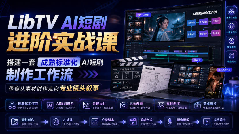 LibTV AI短剧进阶实战课，搭建一套成熟标准化AI短剧制作工作流，带你从素材创作走向专业镜头叙事-百川聊项目