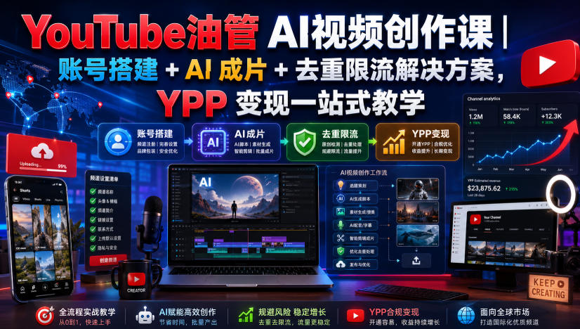 YouTube油管AI视频创作课｜账号搭建+AI成片+去重限流解决方案，YPP变现一站式教学(更新0809)-百川聊项目