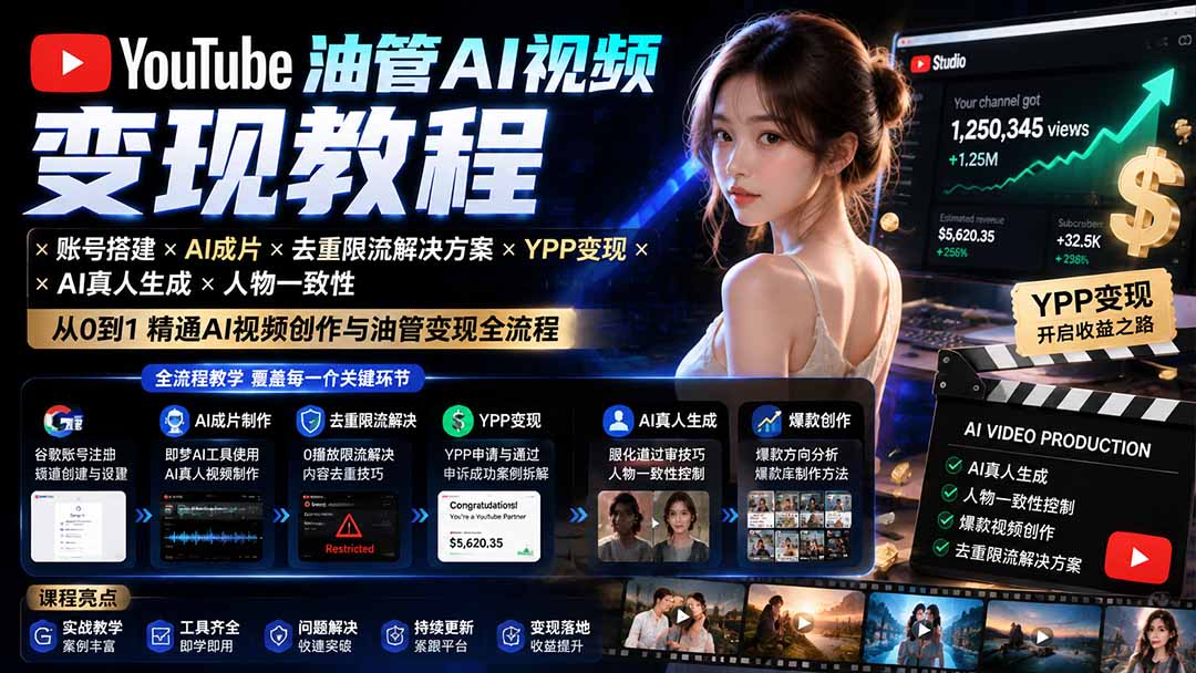 YouTube油管AI视频变现教程-更新：账号搭建×AI成片×去重限流解决方案×YPP变现×AI真人生成×人物一致性-百川聊项目