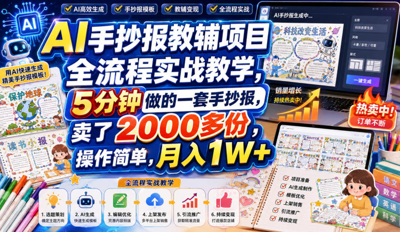 AI手抄报教辅项目全流程实战教学，5分钟做的一套手抄报，卖了2000多份，操作简单，月入1W+-百川聊项目