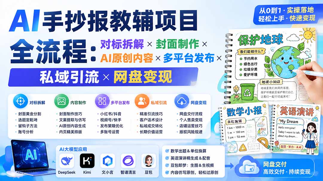 AI手抄报教辅项目全流程：对标拆解×封面制作×AI原创内容×多平台发布×私域引流×网盘变现-百川聊项目
