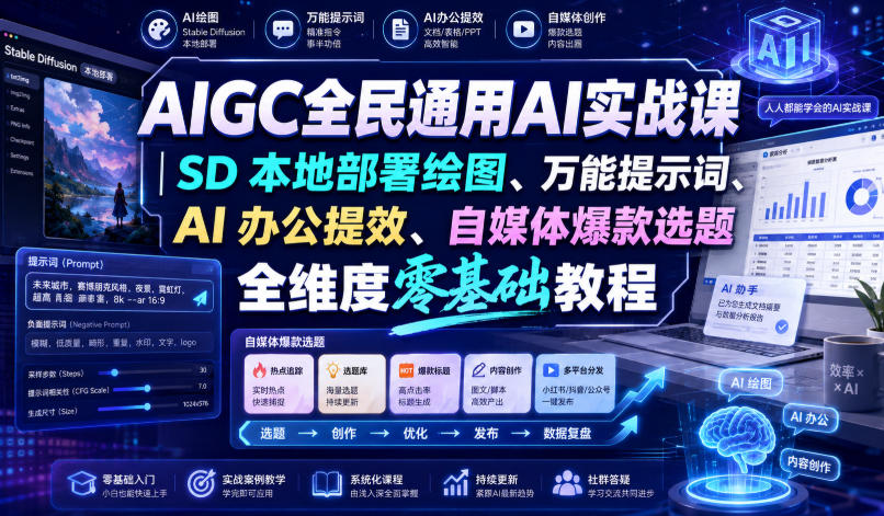 AIGC全民通用AI实战课｜SD本地部署绘图、万能提示词、AI办公提效、自媒体爆款选题全维度零基础教程-百川聊项目