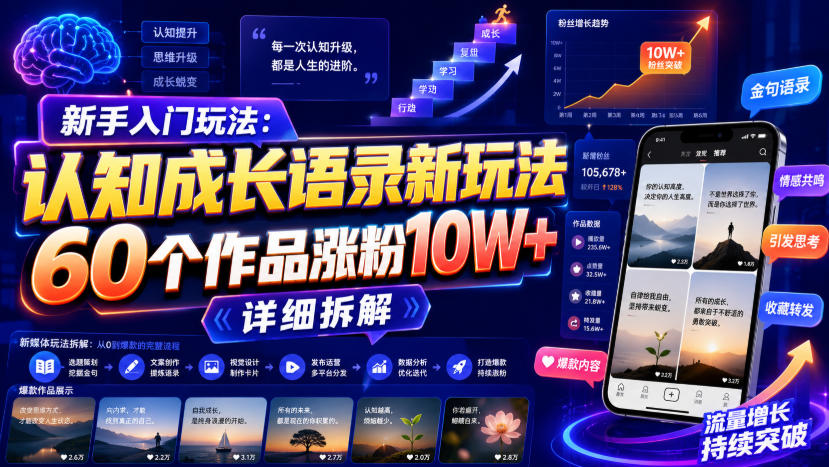 新手入门玩法：认知成长语录新玩法，60个作品涨粉10W+，详细拆解-百川聊项目