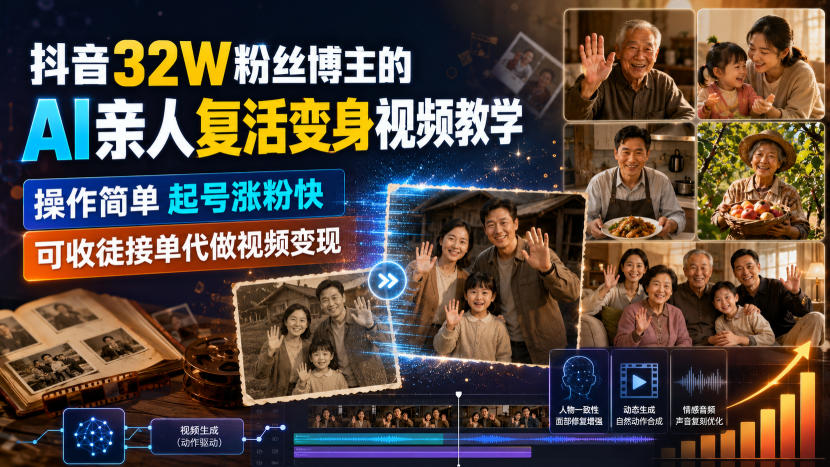 抖音32W粉丝博主的AI亲人复活变身视频教学，操作简单，起号涨粉快，可收徒接单代做视频变现-百川聊项目