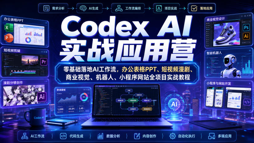 Codex AI实战应用营｜零基础落地AI工作流，办公表格PPT、短视频漫剧、商业视觉、机器人、小程序网站全项目实战教程-百川聊项目