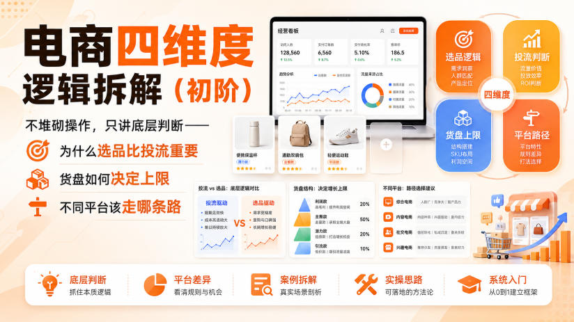 电商四维度逻辑拆解(初阶)不堆砌操作,只讲底层判断——为什么选品比投流重要、货盘如何决定上限、不同平台该走哪条路-百川聊项目
