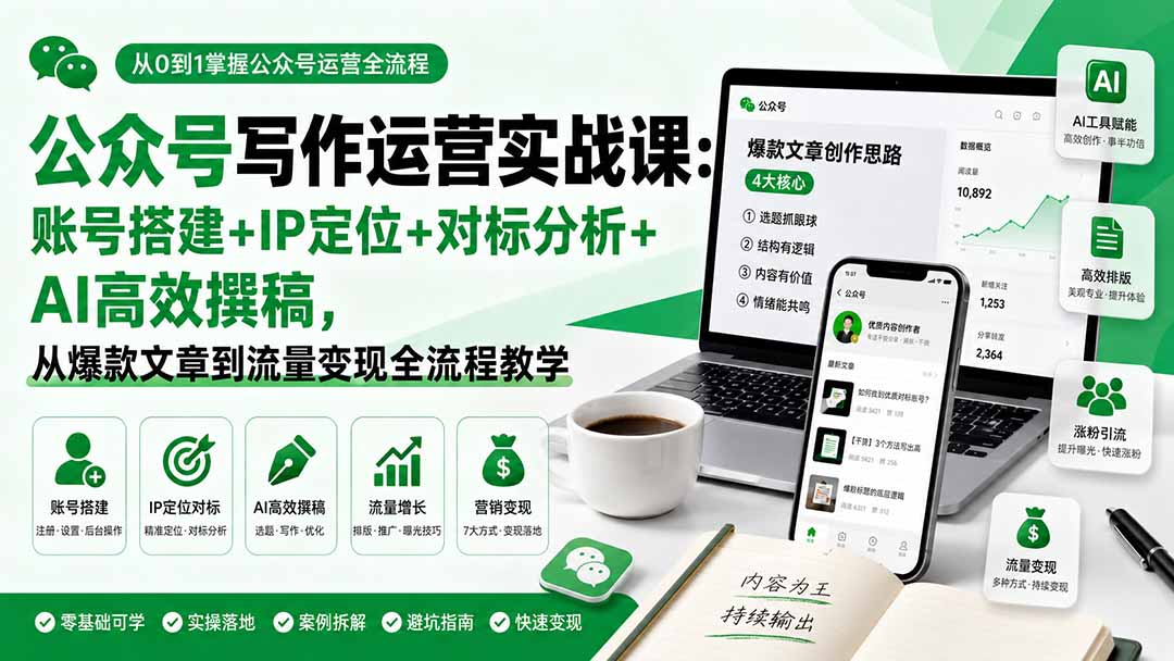 公众号写作运营实战课：账号搭建+IP定位+对标分析+AI高效撰稿，从爆款文章到流量变现全流程教学-百川聊项目