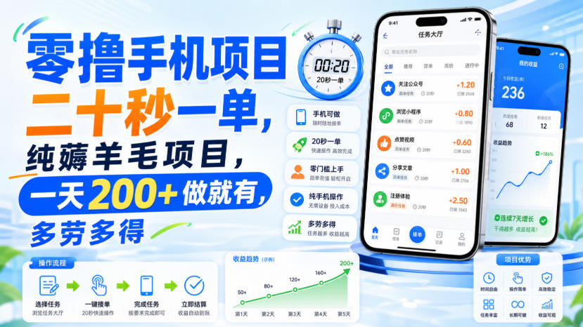 零撸手机项目，二十秒一单，纯薅羊毛项目，一天200+做就有，多劳多得【揭秘】-百川聊项目