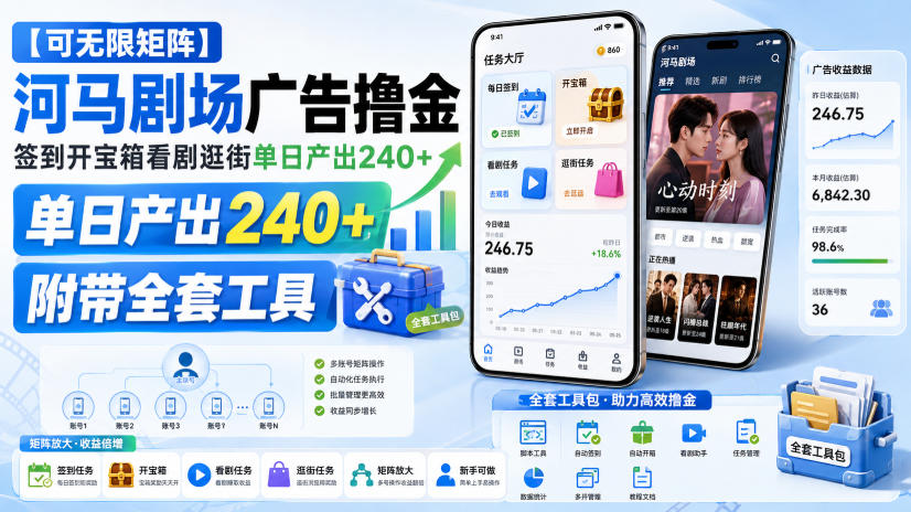【可无限矩阵】河马剧场广告撸金,签到开宝箱看剧逛街单日产出240+,附带全套工具【揭秘】-百川聊项目