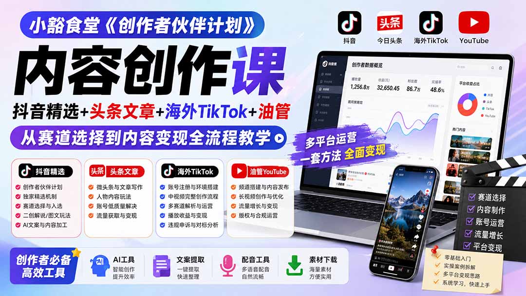 小豁食堂《创作者伙伴计划》内容创作课:抖音精选+头条文章+海外TikTok+油管,从赛道选择到内容变现全流程教学-百川聊项目