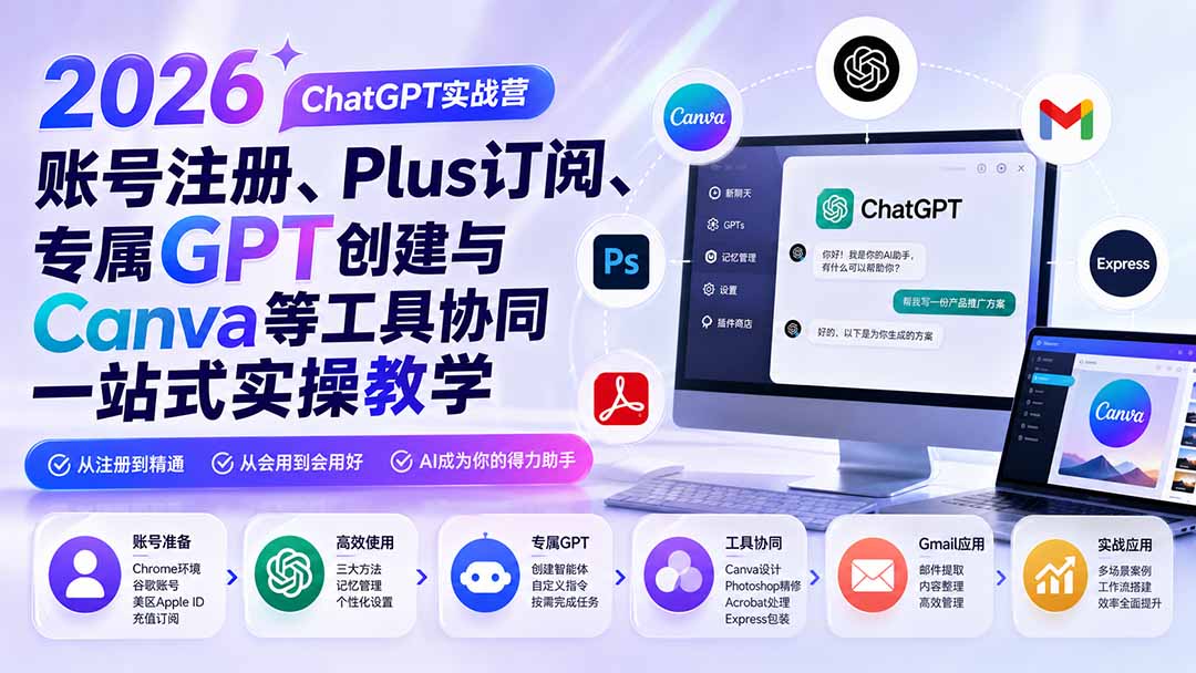 2026 ChatGPT实战营；账号注册、Plus订阅、专属GPT创建与Canva等工具协同一站式实操教学-百川聊项目