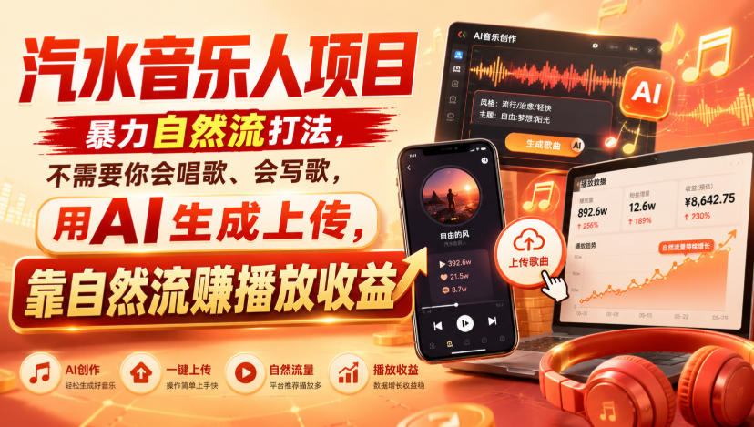 汽水音乐人项目，暴力自然流打法，不需要你会唱歌、会写歌，用AI生成上传，靠自然流賺播放收益-百川聊项目